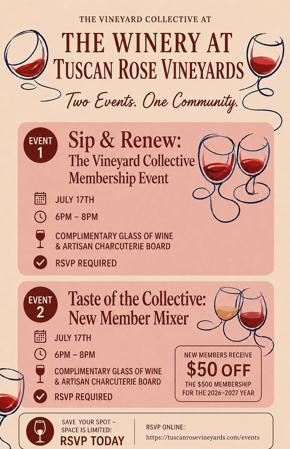 Event flyer for Tuscan Rose Vineyards, featuring two events with wine glass illustrations. Details include dates, times, RSVP info, and a new member offer. RSVP link: https://tuscanrosevineyards.com/events.