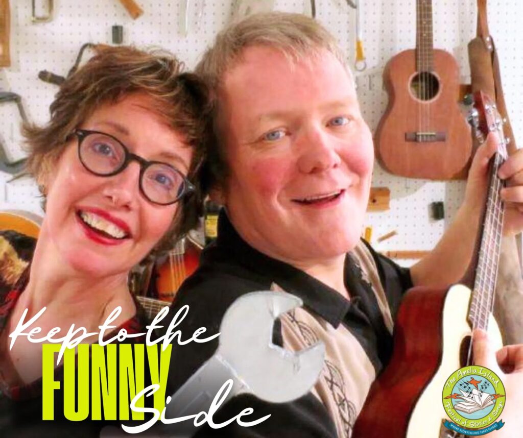 A smiling man and woman pose with a ukulele in front of a wall with hanging tools. Text reads Keep to the FUNNY Side with a wrench graphic and a circular logo in the lower right corner.