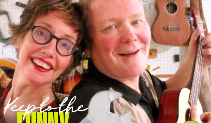 A smiling man and woman pose with a ukulele in front of a wall with hanging tools. Text reads Keep to the FUNNY Side with a wrench graphic and a circular logo in the lower right corner.