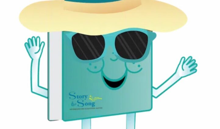 Cartoon book with a smiling face, wearing a large sun hat, black sunglasses, and sandals, waving with both hands. The book cover reads Story & Song.
