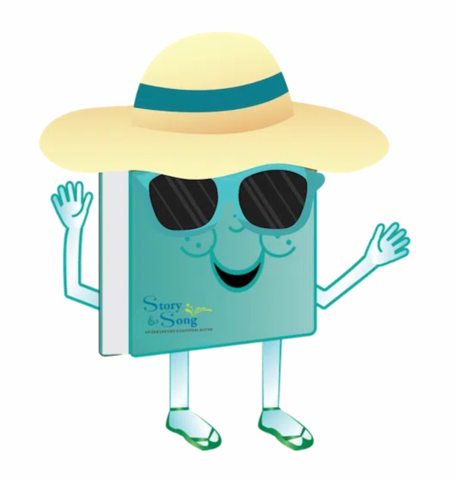 Cartoon book with a smiling face, wearing a large sun hat, black sunglasses, and sandals, waving with both hands. The book cover reads Story & Song.