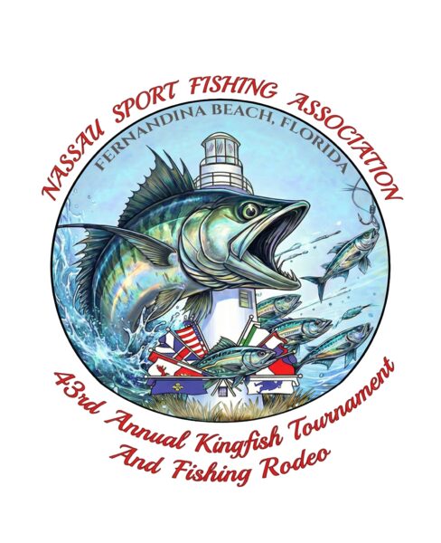 Logo for the Nassau Sport Fishing Association featuring a large kingfish leaping in front of a lighthouse, with the text 43rd Annual Kingfish Tournament And Fishing Rodeo and Fernandina Beach, Florida.