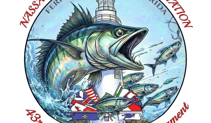 Logo for the Nassau Sport Fishing Association featuring a large kingfish leaping in front of a lighthouse, with the text 43rd Annual Kingfish Tournament And Fishing Rodeo and Fernandina Beach, Florida.