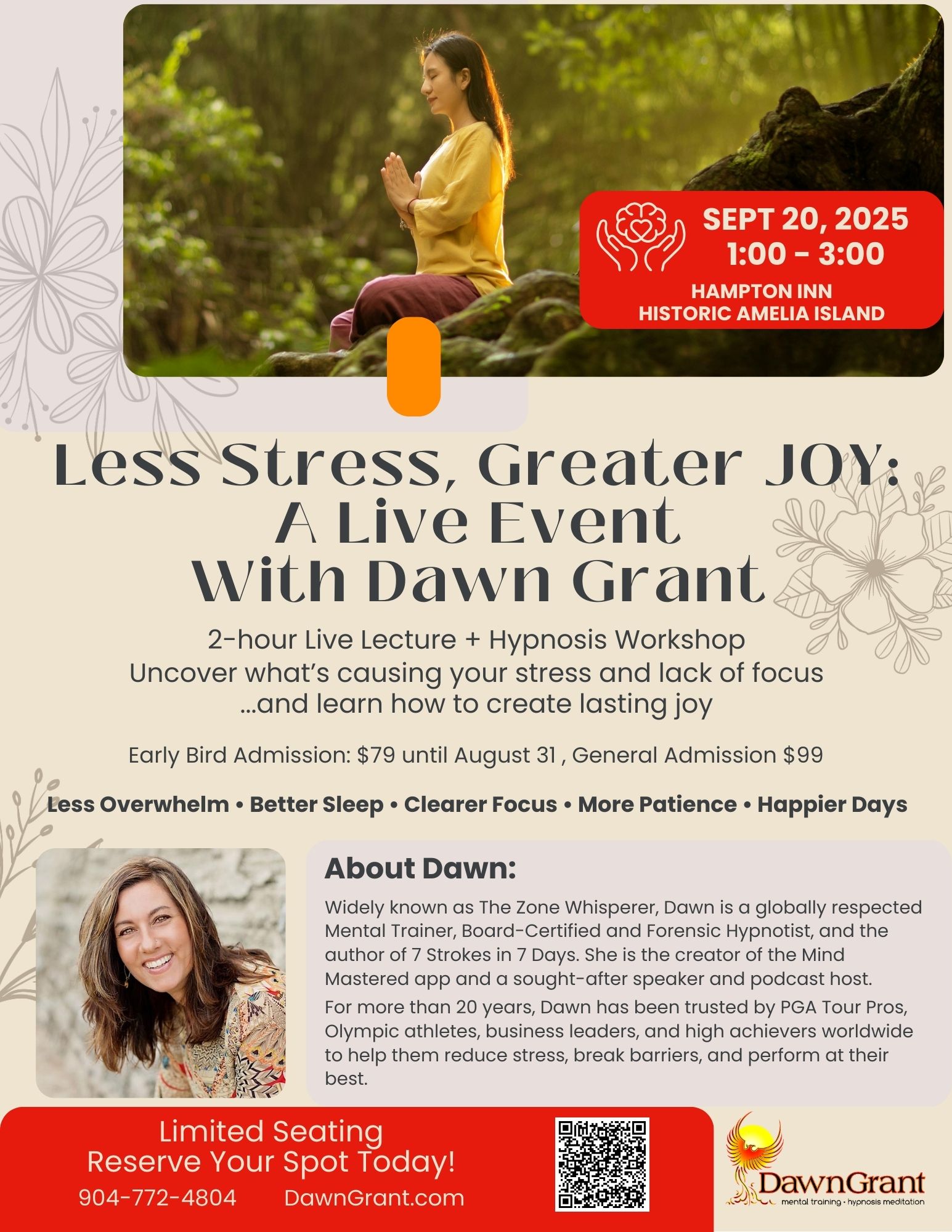 Flyer for Less Stress, Greater Joy: A Live Event with Dawn Grant featuring event details, benefits, a photo of Dawn smiling with raised arms, and a brief bio. Event is on September 20, 2025, at Hampton Inn, Amelia Island.