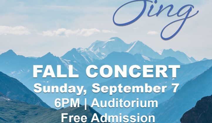 Event poster with mountain scenery and blue sky. Text reads: Let Nature Sing. Fall Concert, Sunday, September 7, 6PM, Auditorium, Free Admission. First Baptist Church Fernandina Beach. FBFIRST.COM.