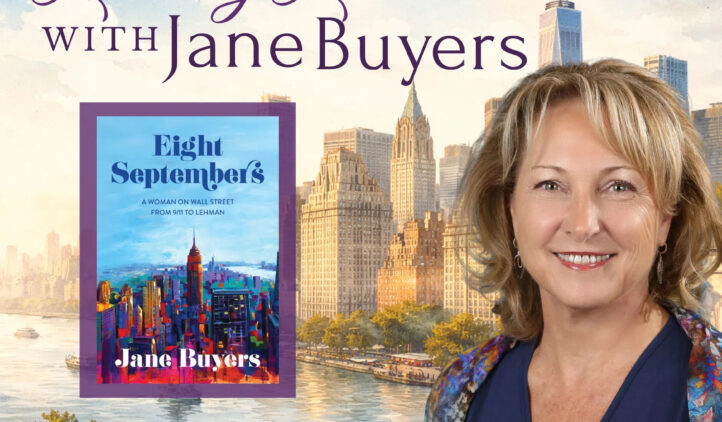 Promotional graphic for a Literary Luncheon with Jane Buyers, featuring Jane Buyers smiling in front of a city skyline and the cover of her book Eight Septembers.