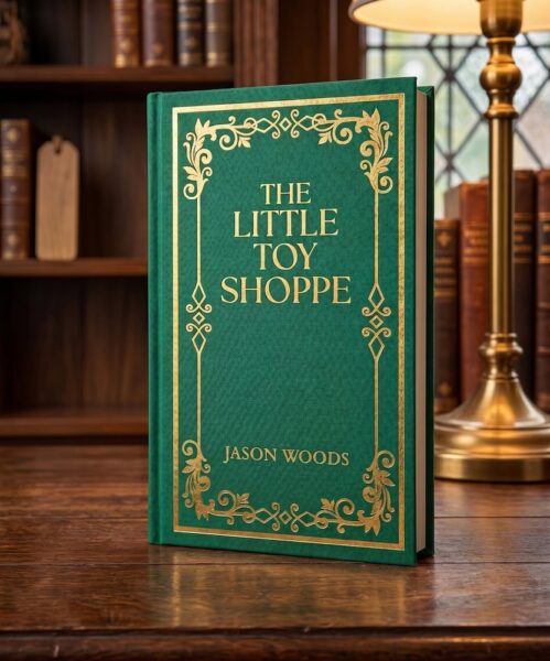 A green hardcover book titled The Little Toy Shoppe by Jason Woods, featuring gold ornate borders, standing on a wooden surface in front of bookshelves and a lamp.