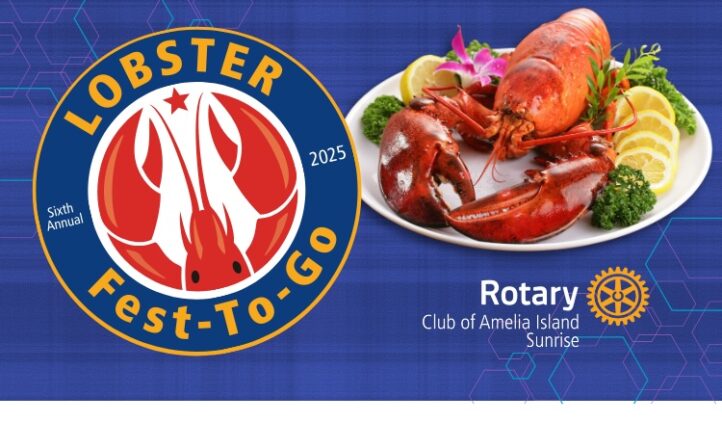 A promotional graphic for the Lobster Fest-To-Go 2025 by Rotary Club of Amelia Island Sunrise features a lobster dish with lemon slices, broccoli, and a festival logo.