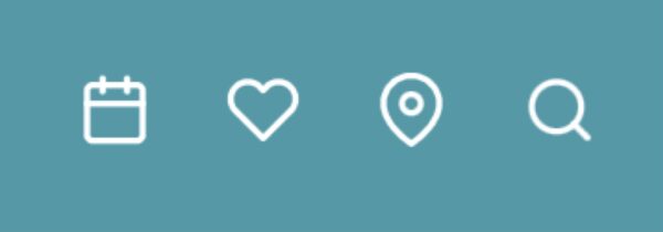 Four white icons on a teal background: a calendar, a heart, a location pin, and a magnifying glass, arranged in a row from left to right.