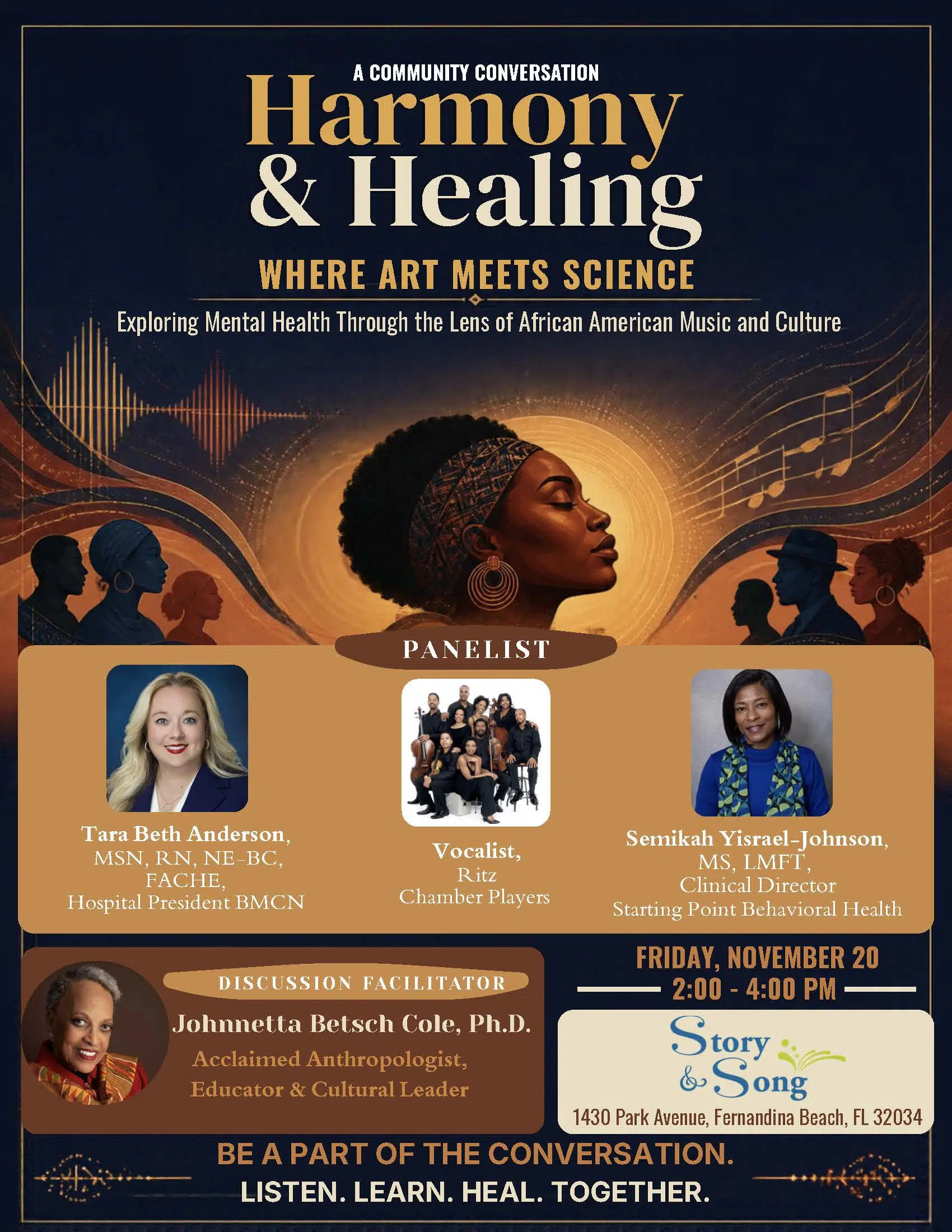 Event flyer for Harmony & Healing: Where Art Meets Science, a community conversation on mental health, taking place Friday, November 20, from 2:00–4:00 PM at Story & Song, featuring panelists Tara Beth Anderson, Ritz Chamber Players, and Semikah Yisrael-Johnson.