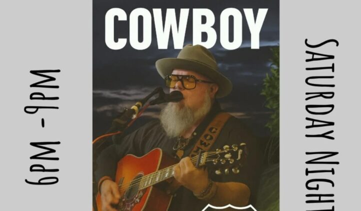 A bearded man wearing a hat and sunglasses plays guitar and sings into a microphone. Text reads: Shuckers COWBOY Mile Marker 13. 6PM-9PM Saturday Night.