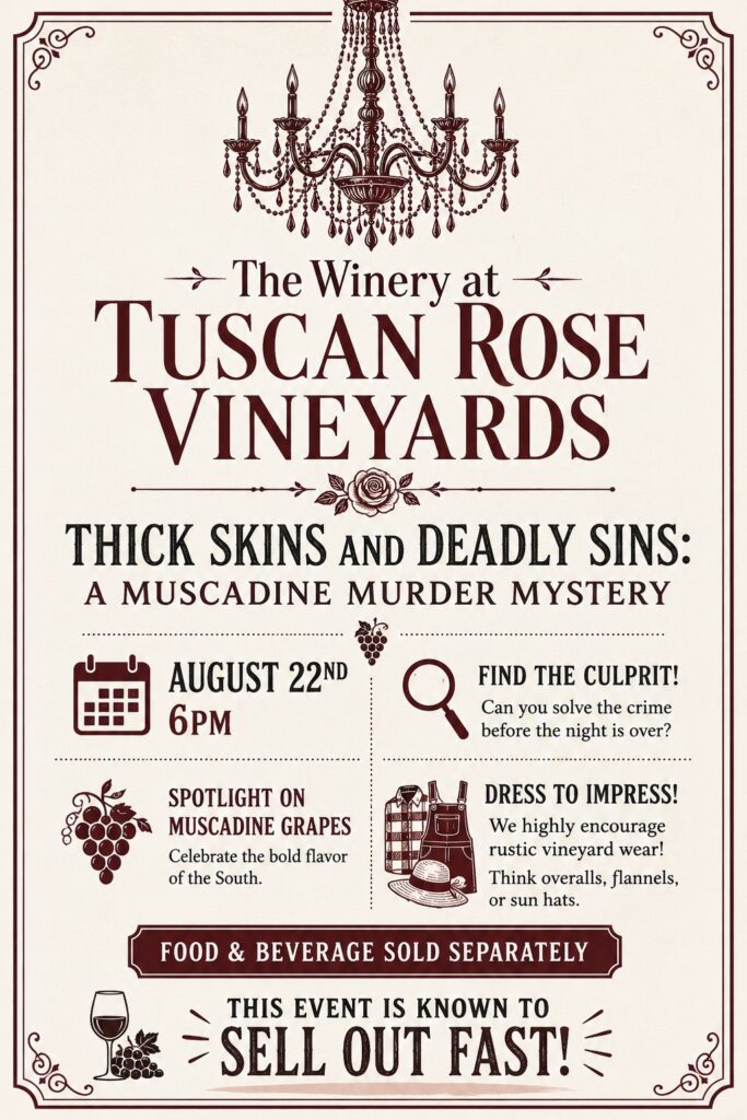 An elegant poster for The Winery at Tuscan Rose Vineyards event titled Thick Skins and Deadly Sins: A Muscadine Murder Mystery on August 22nd at 6 PM. Decorative elements and event details are shown throughout.