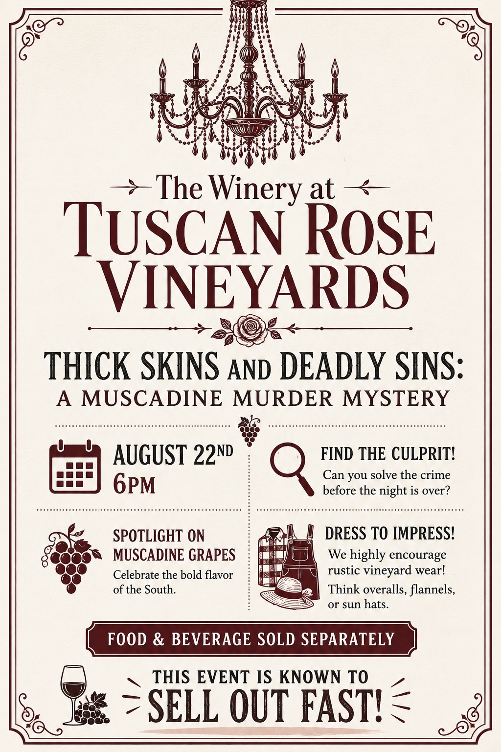 An elegant poster for The Winery at Tuscan Rose Vineyards event titled Thick Skins and Deadly Sins: A Muscadine Murder Mystery on August 22nd at 6 PM. Decorative elements and event details are shown throughout.