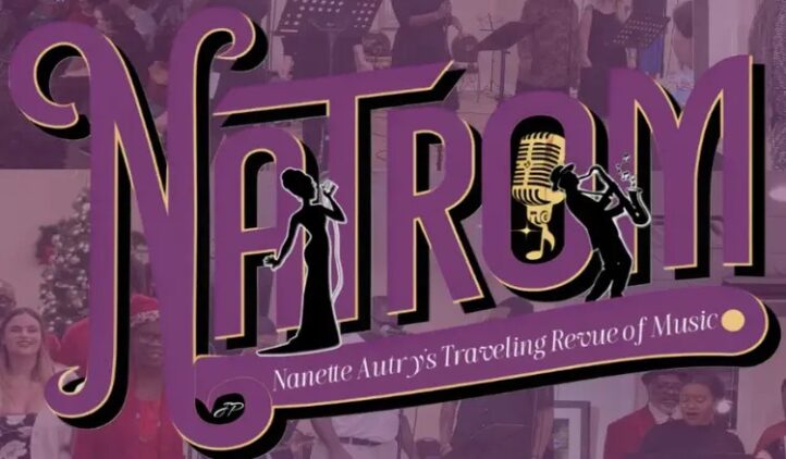 Logo for “NATROM: Nanette Autry’s Traveling Revue of Music,” featuring silhouettes of a woman singing and a musician playing saxophone, with a golden microphone on a purple and black background.