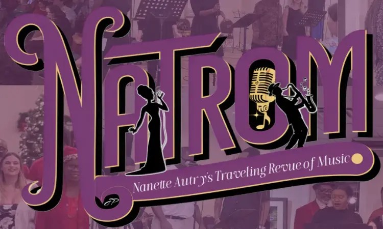 Logo for “NATROM: Nanette Autry’s Traveling Revue of Music,” featuring silhouettes of a woman singing and a musician playing saxophone, with a golden microphone on a purple and black background.