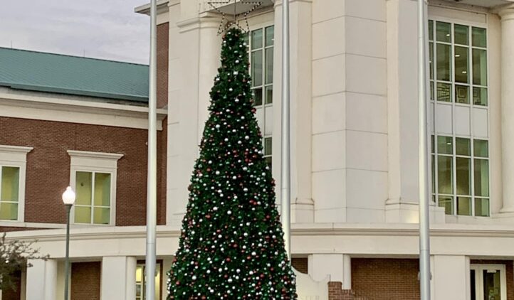 A large decorated Christmas tree with a star on top stands in front of a building with columns and large windows. Three flagpoles are in front of the tree, and steps lead up to the area.