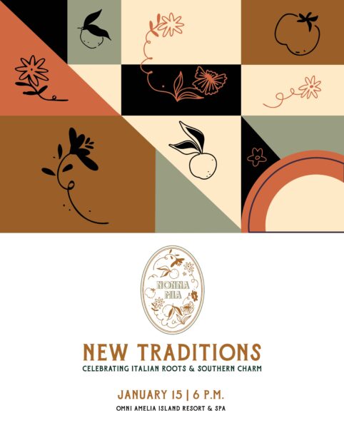 Graphic invitation featuring abstract floral and fruit illustrations and geometric shapes in earthy tones. Text reads: New Traditions: Celebrating Italian Roots & Southern Charm, January 15, 6 p.m., Omni Amelia Island Resort & Spa.