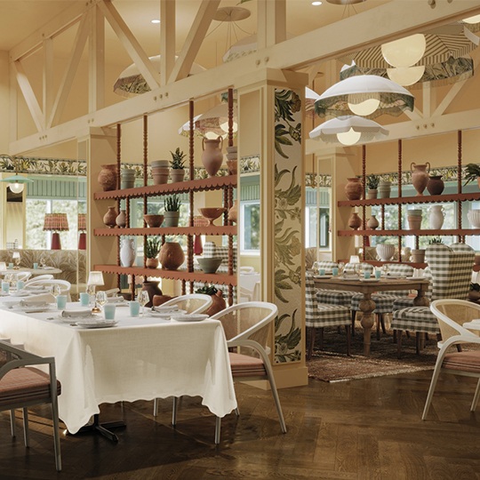 A cozy, elegant restaurant interior with white tablecloths, light wood furniture, patterned wallpaper, decorative pottery on shelves, and warm ambient lighting. The space feels inviting and stylish.