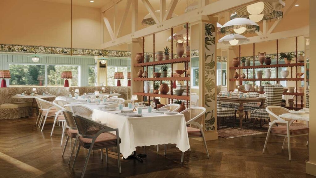 A bright, elegant restaurant interior with white tablecloths, checkered cushioned chairs, wooden floors, decorative shelving with plants and vases, and large windows letting in natural light.