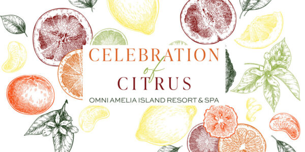 Colorful, hand-drawn citrus fruits and leaves surround the text Celebration of Citrus and Omni Amelia Island Resort & Spa on a white background.