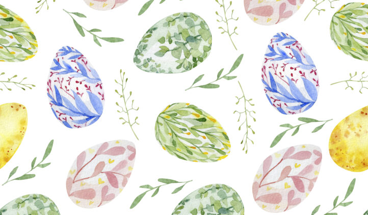Watercolor hand drawn seamless pattern with bright Easter Eggs, branches and flowers on a white background. Endless texture for wrapping paper, textile fabric, celebration template.