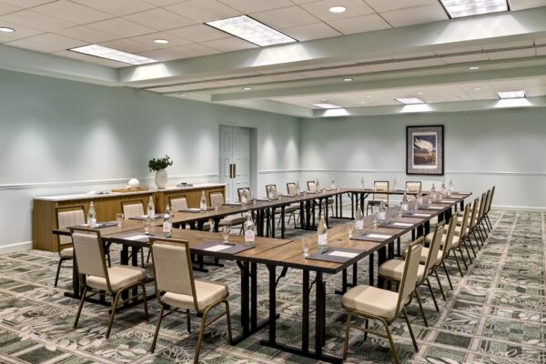Conference room with a U-shaped table setup, beige chairs, notepads, and water bottles. The room has pale blue walls, patterned carpet, overhead lights, and a side table with a vase and decorative items.