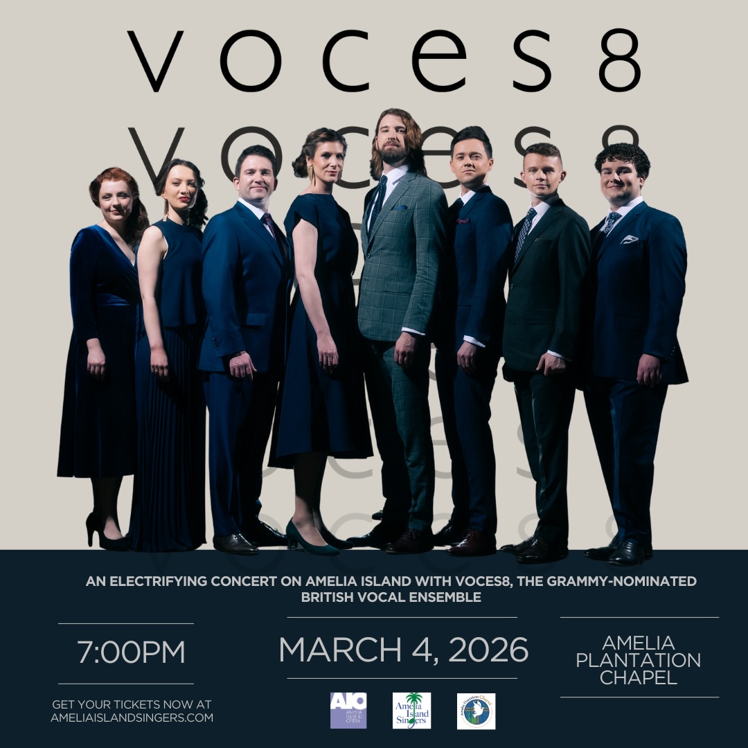 Eight formally dressed vocalists from the ensemble VOCES8 stand in a line facing the camera. Event details below announce their concert on March 4, 2026, at 7:00 PM at Amelia Plantation Chapel.