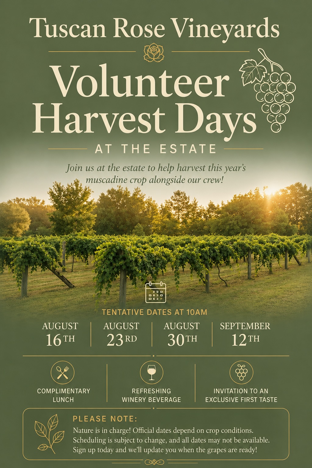 Event poster for Tuscan Rose Vineyards Volunteer Harvest Days featuring vineyard rows at sunset, key dates (Aug 16, 23, 30, Sep 12), and icons for lunch, beverages, and wine tasting. Event details and notes at the bottom.