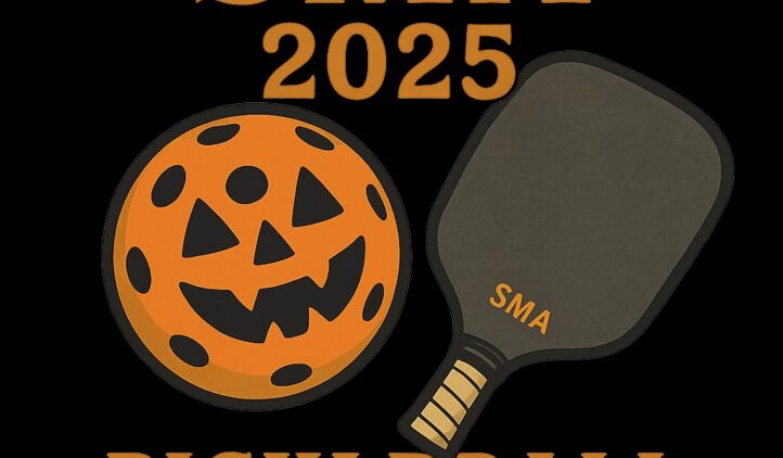 Logo for the SMA 2025 Pickleball Tournament featuring an orange jack-o’-lantern and a pickleball paddle with SMA on it, set against a black background.