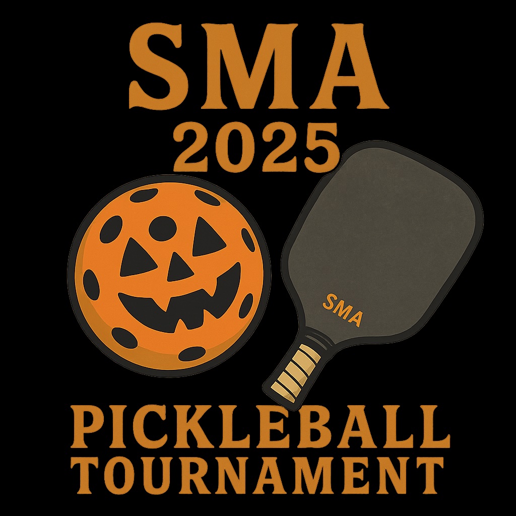 Logo for the SMA 2025 Pickleball Tournament featuring an orange jack-o’-lantern and a pickleball paddle with SMA on it, set against a black background.