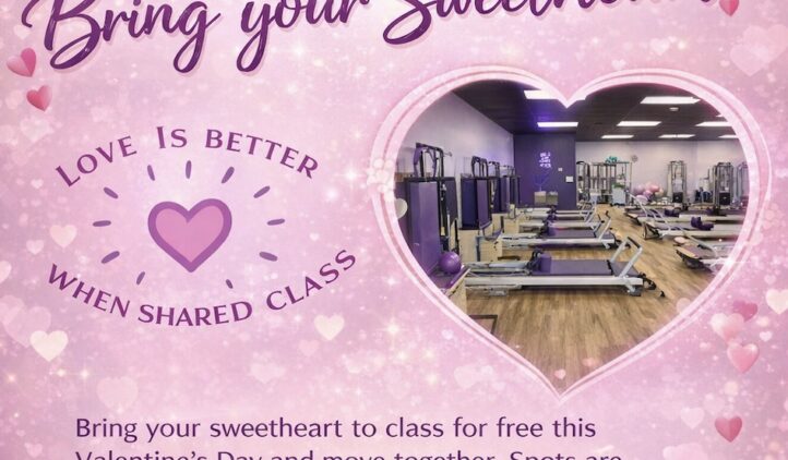 A pink Valentine’s Day gym promotion with heart graphics, featuring a photo of a fitness studio, text inviting people to bring their sweetheart to class for free, and details about limited spots and advance sign-up.