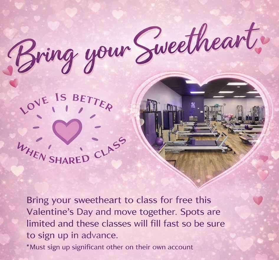 A pink Valentine’s Day gym promotion with heart graphics, featuring a photo of a fitness studio, text inviting people to bring their sweetheart to class for free, and details about limited spots and advance sign-up.
