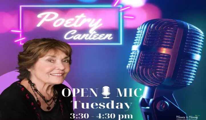 A smiling woman sits in front of a neon Poetry Canteen sign and a vintage microphone. Text reads, OPEN MIC Tuesday 3:30 - 4:30 pm. The background features colorful, blurred lights.