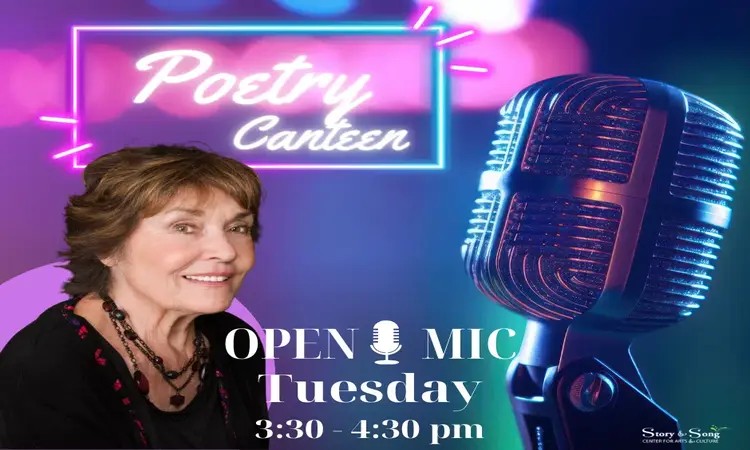 A smiling woman sits in front of a neon Poetry Canteen sign and a vintage microphone. Text reads, OPEN MIC Tuesday 3:30 - 4:30 pm. The background features colorful, blurred lights.