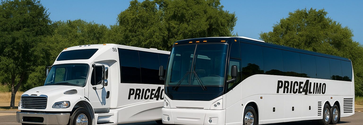 Two white buses with PRICE4LIMO written on the sides are parked on an asphalt surface with green trees and clear blue sky in the background. One bus is a smaller shuttle, the other is a large coach.
