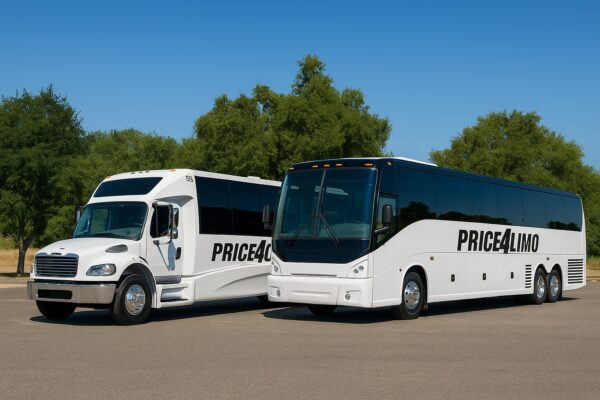 Two white buses with PRICE4LIMO written on the sides are parked on an asphalt surface with green trees and clear blue sky in the background. One bus is a smaller shuttle, the other is a large coach.