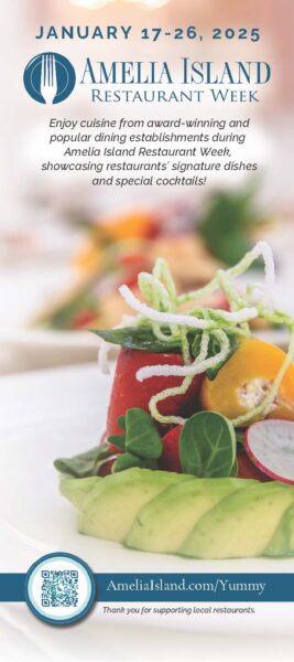 A promotional flyer for Amelia Island Restaurant Week, January 17–26, 2025, featuring a close-up of a gourmet dish with avocado, radish, and microgreens. Website and QR code are included at the bottom.