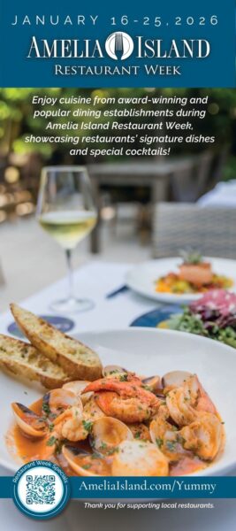A promotional flyer for Amelia Island Restaurant Week 2026 featuring a plate of shrimp, bread, salad, and a glass of white wine on an outdoor table. Includes event dates, website, and a QR code.