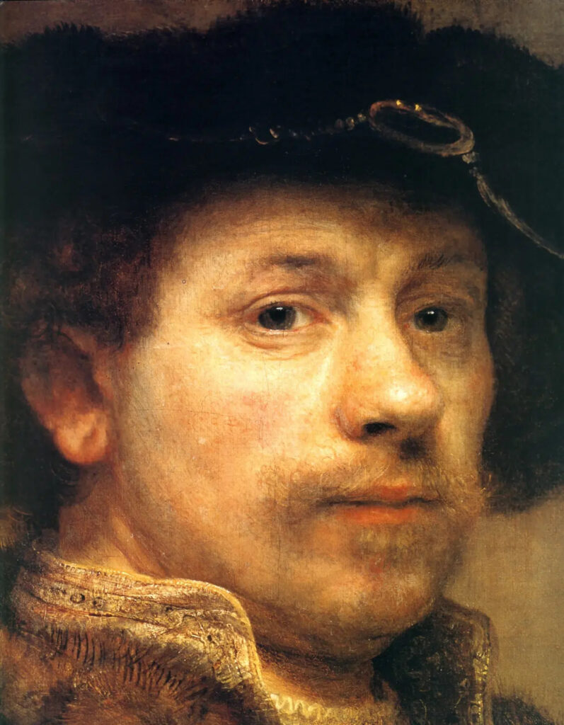 A self-portrait of Rembrandt van Rijn, showing his face in warm, dramatic lighting, wearing a dark cap.