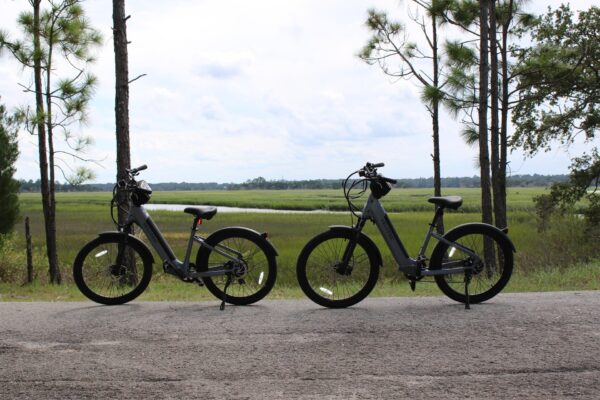 Two electric bicycles from Riptide Watersport Rentals are parked on the side of a paved road on Amelia Island, overlooking grassy marshlands, tall trees, and a cloudy sky.