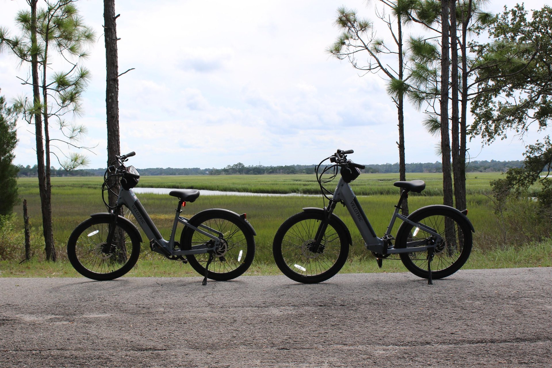 Two electric bicycles from Riptide Watersport Rentals are parked on the side of a paved road on Amelia Island, overlooking grassy marshlands, tall trees, and a cloudy sky.