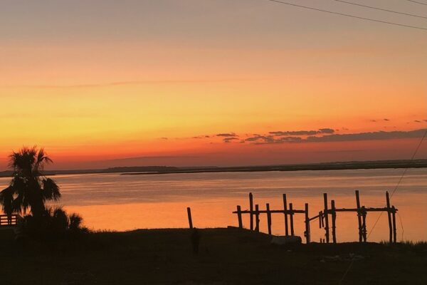 A peaceful sunset over a calm body of water, with an orange and yellow sky. Silhouettes of a palm tree and an old wooden pier are visible in the foreground.