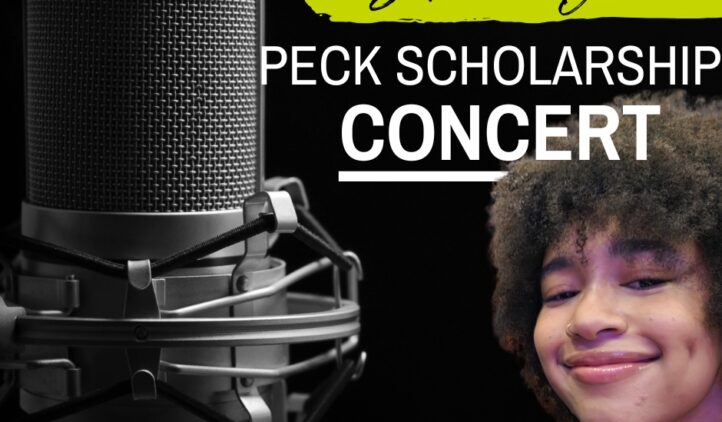 Large microphone on left, smiling person with curly hair on right. Text reads “Samira Dean Peck Scholarship Concert.” Bottom left displays Story & Song Center for Arts & Culture logo. Black and yellow color scheme.