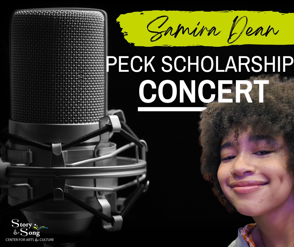 Large microphone on left, smiling person with curly hair on right. Text reads “Samira Dean Peck Scholarship Concert.” Bottom left displays Story & Song Center for Arts & Culture logo. Black and yellow color scheme.