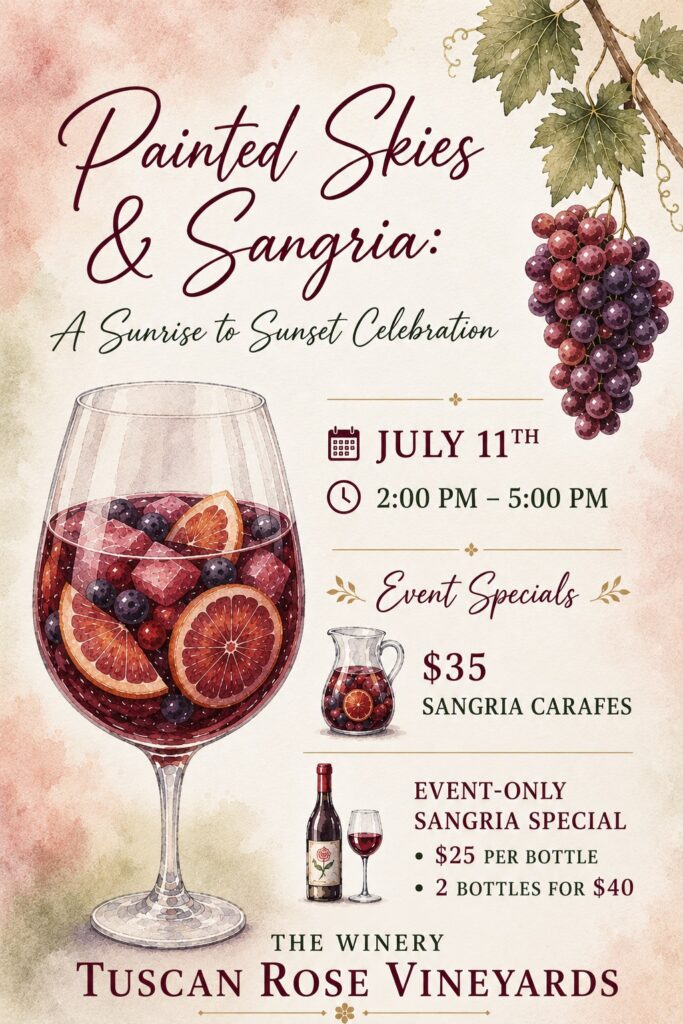 A vintage-style flyer for “Painted Skies & Sangria: A Sunrise to Sunset Celebration” on July 11, 2-5pm at Tuscan Rose Vineyards, featuring grapes, a glass of sangria, event specials, and wine pricing details.