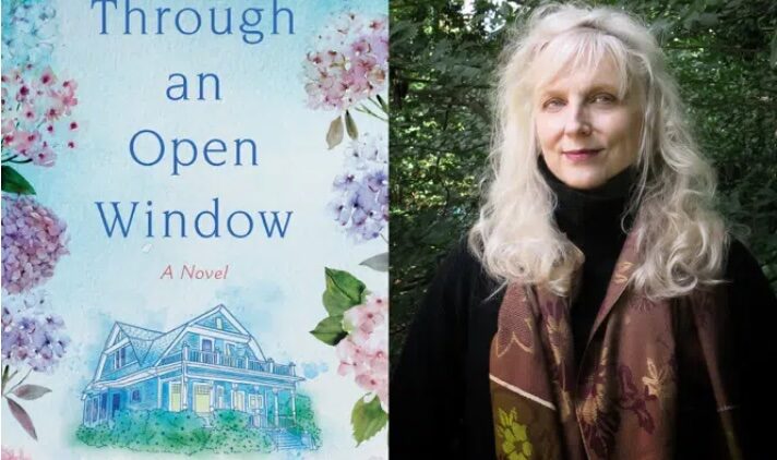 Book cover for Through an Open Window by Pamela Terry, featuring pastel flowers and a house illustration, next to a woman with long blonde hair wearing a scarf, standing outdoors in front of green foliage.
