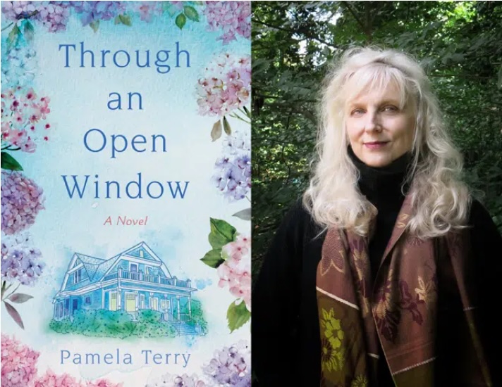 Book cover for Through an Open Window by Pamela Terry, featuring pastel flowers and a house illustration, next to a woman with long blonde hair wearing a scarf, standing outdoors in front of green foliage.