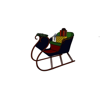 A dark blue sleigh with curved runners, filled with wrapped presents in various colors and sizes, sits near the bottom left corner against a plain white background.
