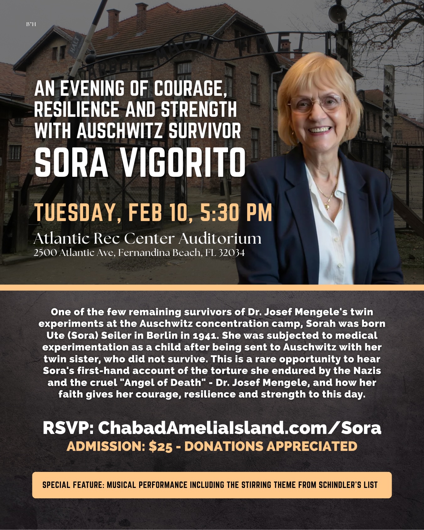 A smiling elderly woman stands outside a brick building. Event details for An Evening of Courage, Resilience and Strength with Auschwitz Survivor Sora Vigorito at Atlantic Rec Center Auditorium are displayed alongside her photo.