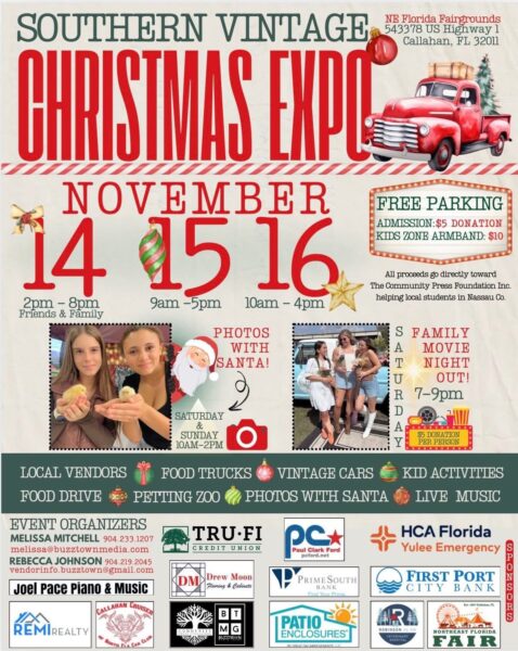 Flyer for Southern Vintage Christmas Expo at NE Florida Fairgrounds, Callahan, FL, Nov 14-16. Includes event times, free parking, local vendors, food trucks, Santa photos, petting zoo, and sponsor logos.